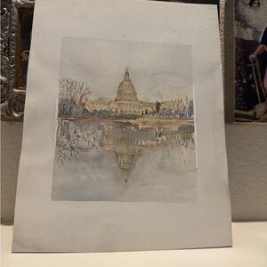 Original Watercolor Painting‎ of U.S. Capitol with Reflecting Pool, Unsigned